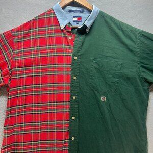 Tommy Hilfiger Shirt Mens XL Plaid Button Down Patchwork Panel Vintage Style